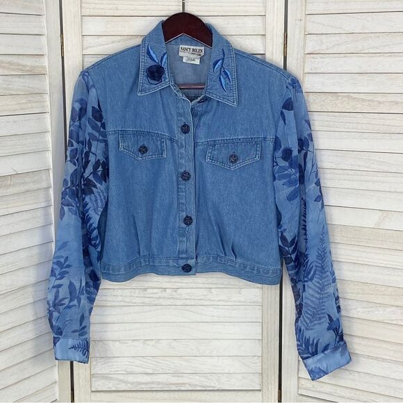 Nancy Bolen City Girl Embroidered Chambray Sheer Sleeve Crop Shacket Blue 10P - Picture 8 of 14